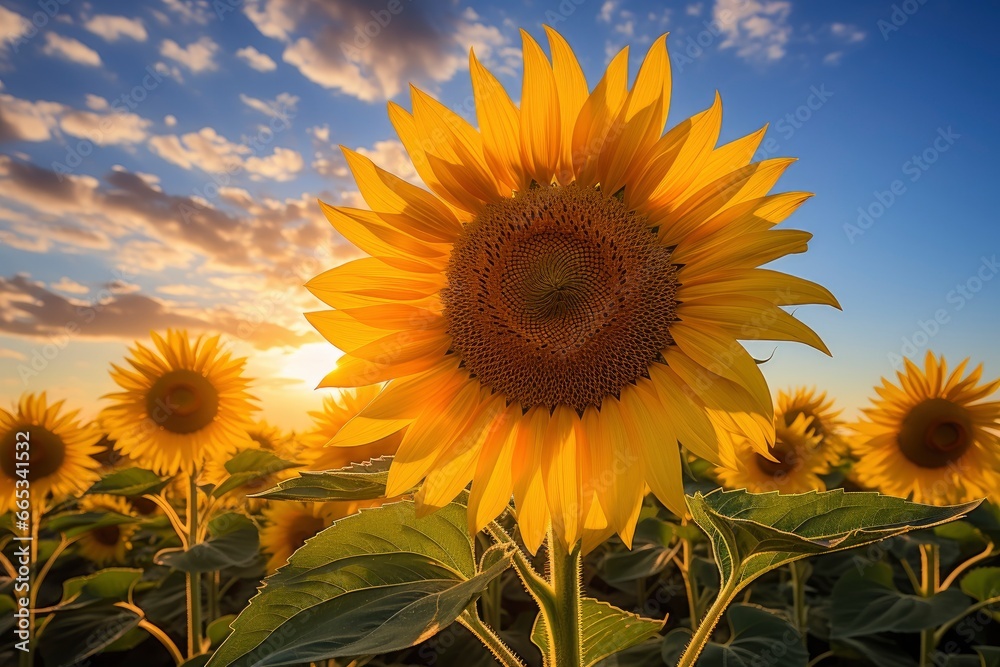 Obraz premium Sunflowers turning toward the sun in the soft morning light.