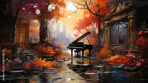 a piano in the autumn landscape