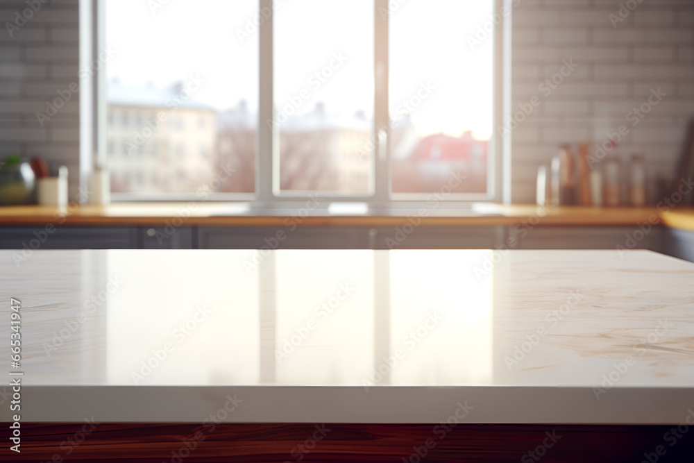An empty marble kitchen table in a modern loft-style kitchen for the display of your product. An empty marble kitchen table in a modern loft-style kitchen for the display of your product.