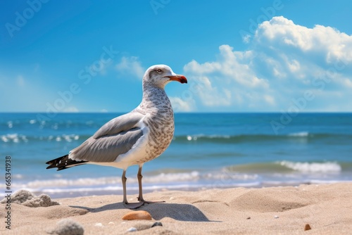 Seagull on the beach under blue sky. AI Generated © Khalada