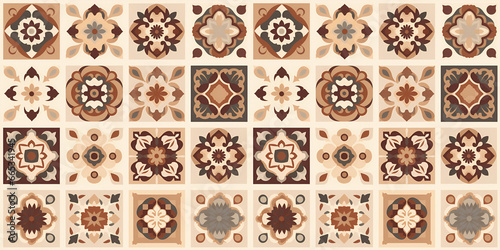 azuleju, seamless pattern. wall ceramic tiles. a repeating backdrop, a set of square tiles in beige and brown colors. photo