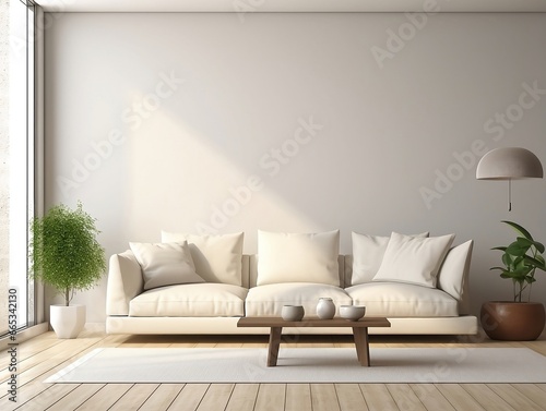 Modern living room home interior design with beige white sofa couch and daylight from window generative ai