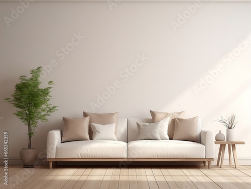 Modern living room home interior design with beige white sofa couch and daylight from window generative ai