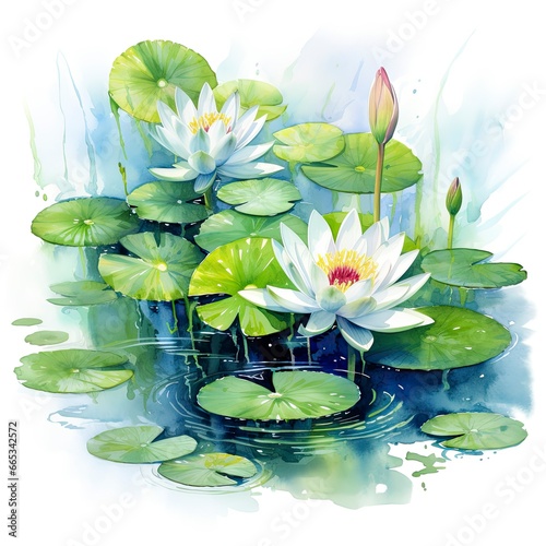 Water Lily in Pond. Watercolor design.