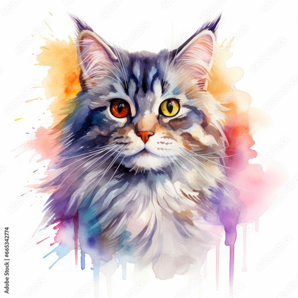 Fototapeta Watercolor cat clip art on white background.