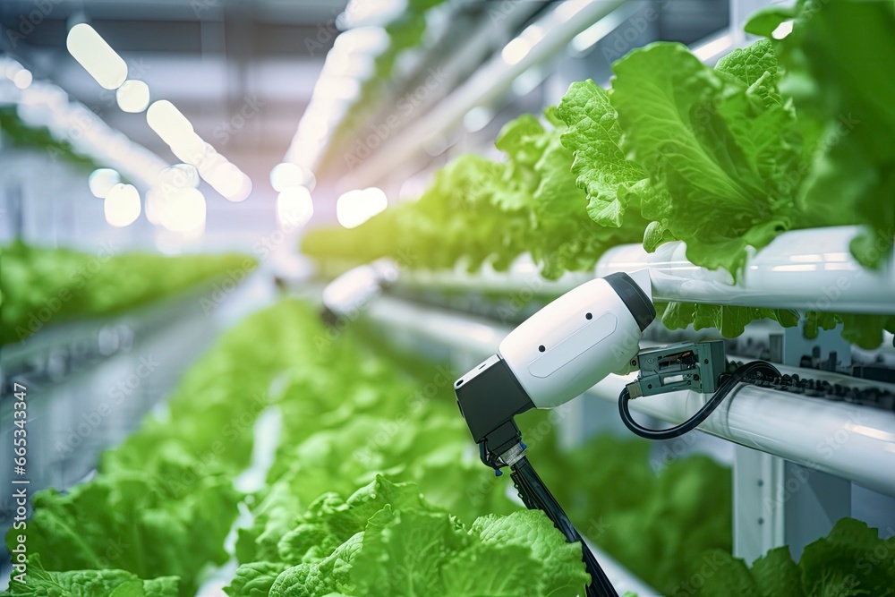 Automatic Agricultural Technology With Close-up View Of Robotic Arm Harvesting Lettuce In Vertical Hydroponic Plant. Automatic Agricultural Technology With Close-up View Of Robotic Arm Harvesting Lettuce In Vertical Hydroponic Plant.