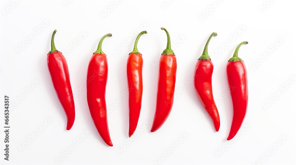 Vibrant Red Chili Peppers Lined Up on a White Background