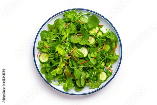 Healthy fresh green salad plate shot from above on white background.