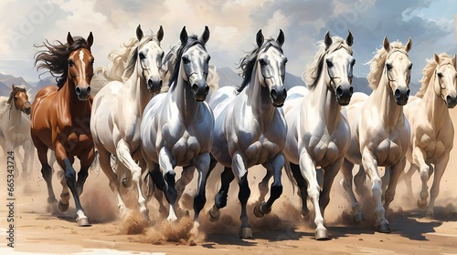 painting . Artistic drawing of a herd of Arabian horses © Ainur