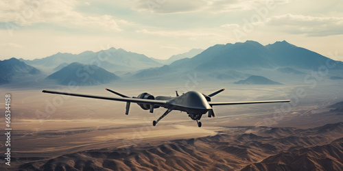 A military drone surveils a vast, barren desert.