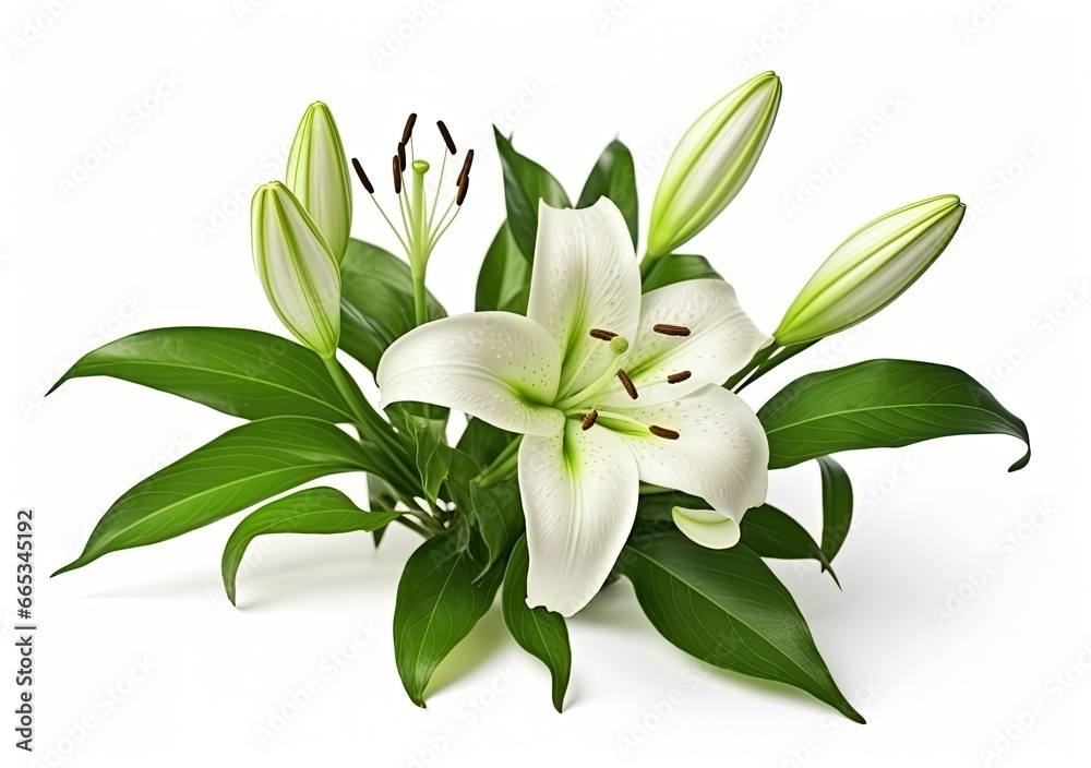 Beautiful fresh lily flower with green leaves, isolated on white background. Beautiful fresh lily flower with green leaves, isolated on white background.