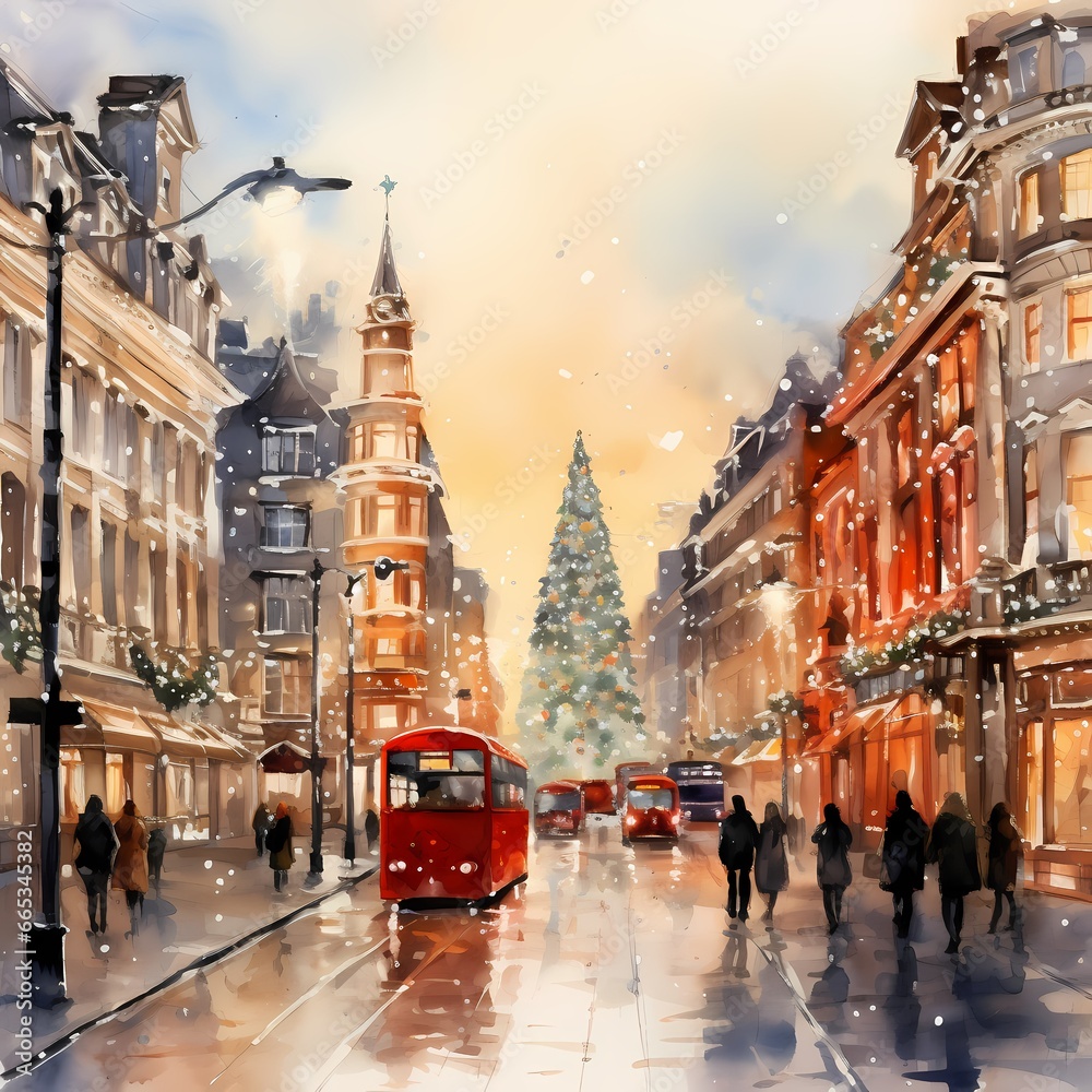 street in London during Christmas festival in watercolor painted style - obrazy, fototapety, plakaty 