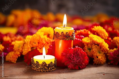 Candles and marigold flowers. Day of the dead concept dia de los muertos.