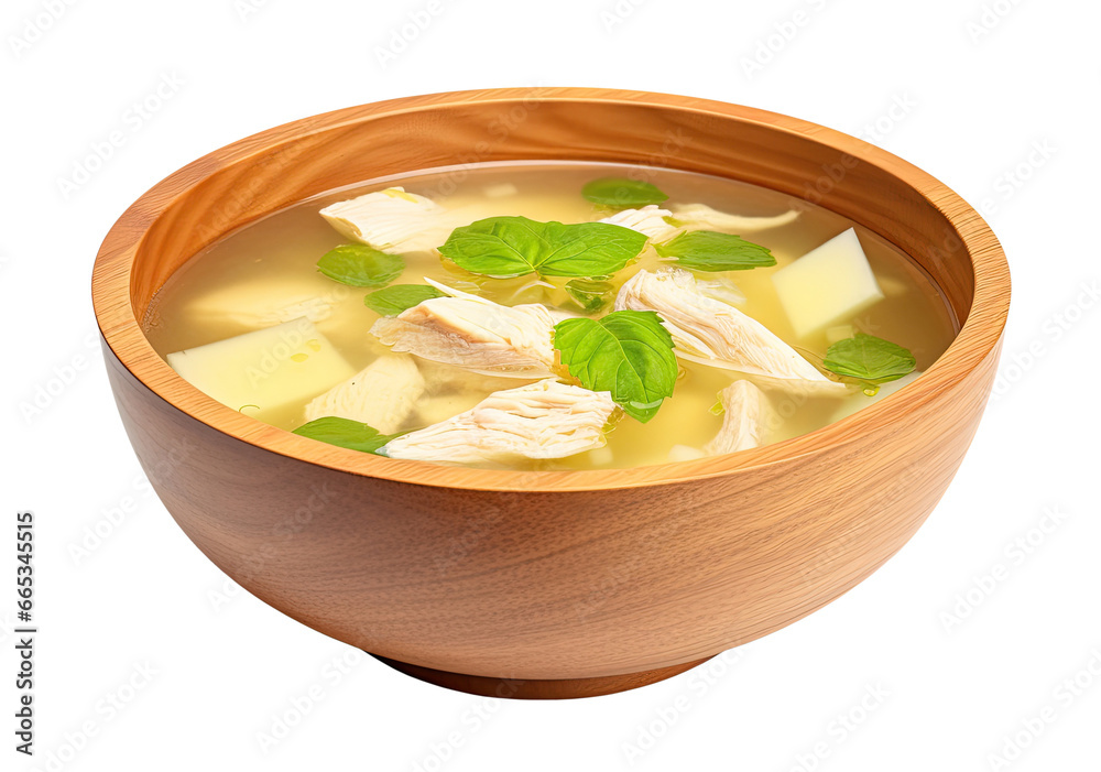 Soup with chicken in wooden bowl isolated on transparent background, top view Soup with chicken in wooden bowl isolated on transparent background, top view