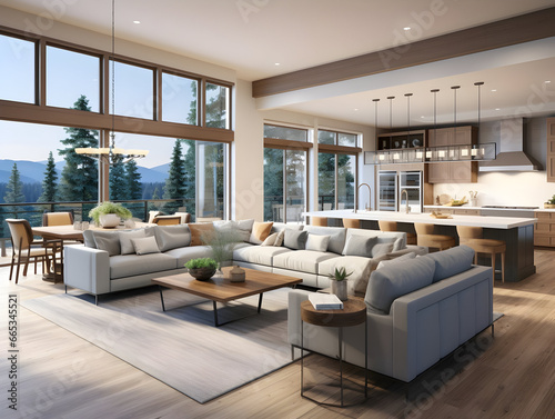 Luxury interior living room with open concept floor plan  kitchen  dining room  and wall of windows generative ai