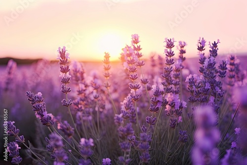 Close up lavender flowers in beautiful field at sunset.