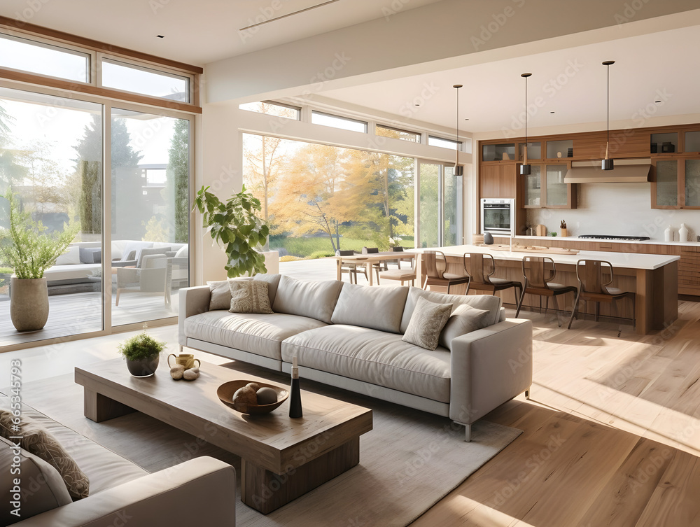 Luxury interior living room with open concept floor plan, kitchen ...