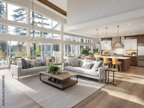 Luxury interior living room with open concept floor plan  kitchen  dining room  and wall of windows generative ai