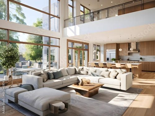 Luxury interior living room with open concept floor plan, kitchen, dining room, and wall of windows generative ai © tanjidvect