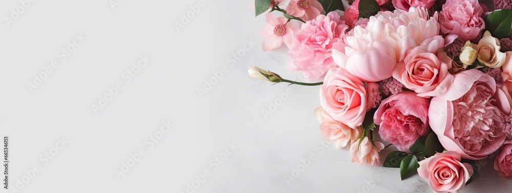 Fresh bunch of pink peonies and roses with copy space.