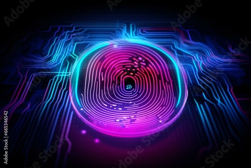 Abstract fingerprint scan interface on computer background, representing digital access concept. Generative AI