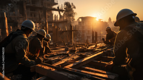 Silhouette Teams of Business Engineers looking for blueprints in construction sites through blurry construction sites at sunset.