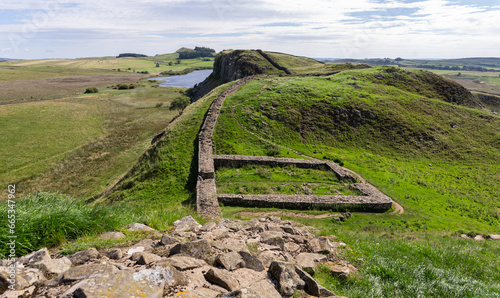 looking down at Milecastle 39 along Hadrian's Wall near Steel Rigg, Northumberland, UK photo