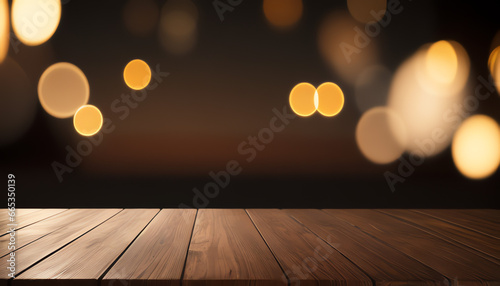 Wooden table in front of black and gold bokeh lights background