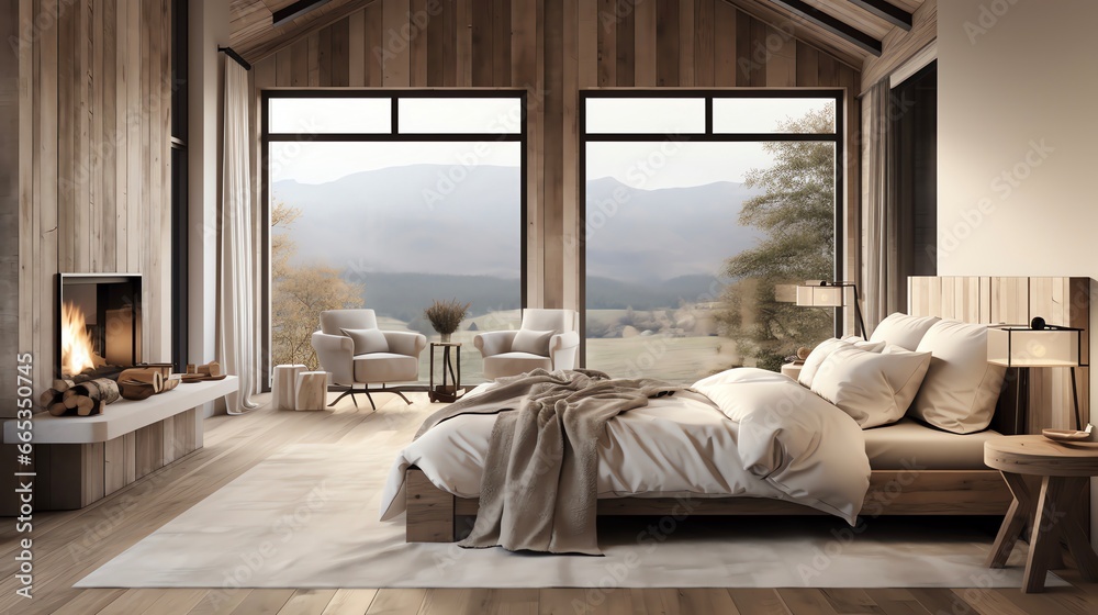 Farmhouse interior design of a modern bedroom with a fireplace and wooden floor. Big windows overlooking trees. 