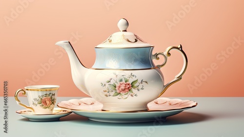  a tea set with a cup and saucer on a saucer. generative ai