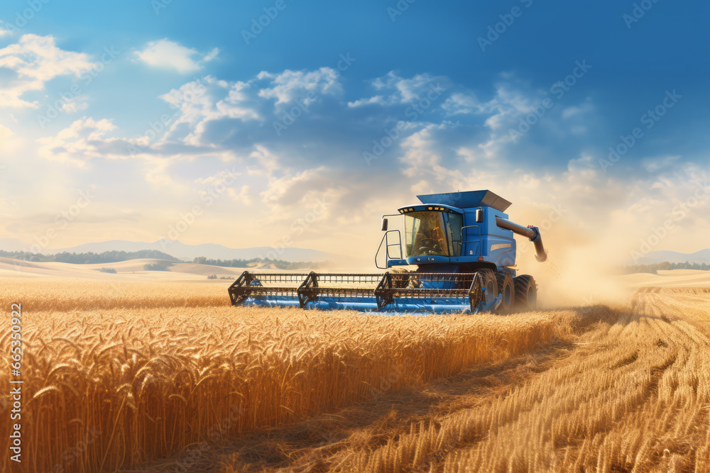 A massive combine harvester gathering successfully grown wheat. The vast land continues to the horizon. Labor sustains global food production. The concepts of production and agriculture.