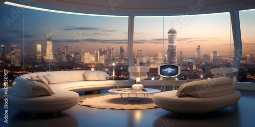 Futuristic skyline home decor with floor to ceiling windows and cityscape views generative ai