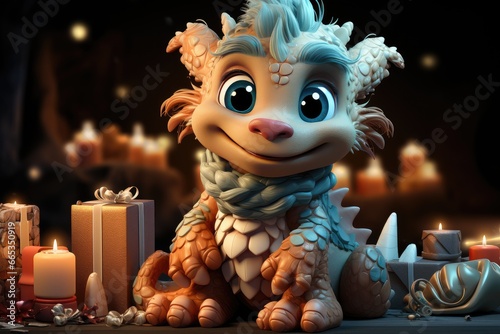Fantasy cute dragon with Christmas gifts near Christmas tree, great design postcard on holiday background. New Year 2024 art illustration. Cartoon dragon