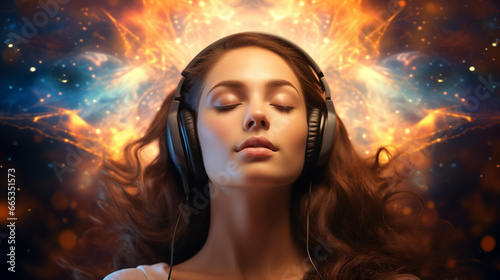Healing Sounds and Sound Therapy. sound vibrations open, clear, and balance chakras and energy. Woman in headset in sound healing therapy and meditation
