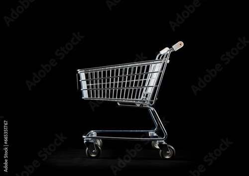 A minimalist photograph of a Black Friday shopping cart against a stark white background