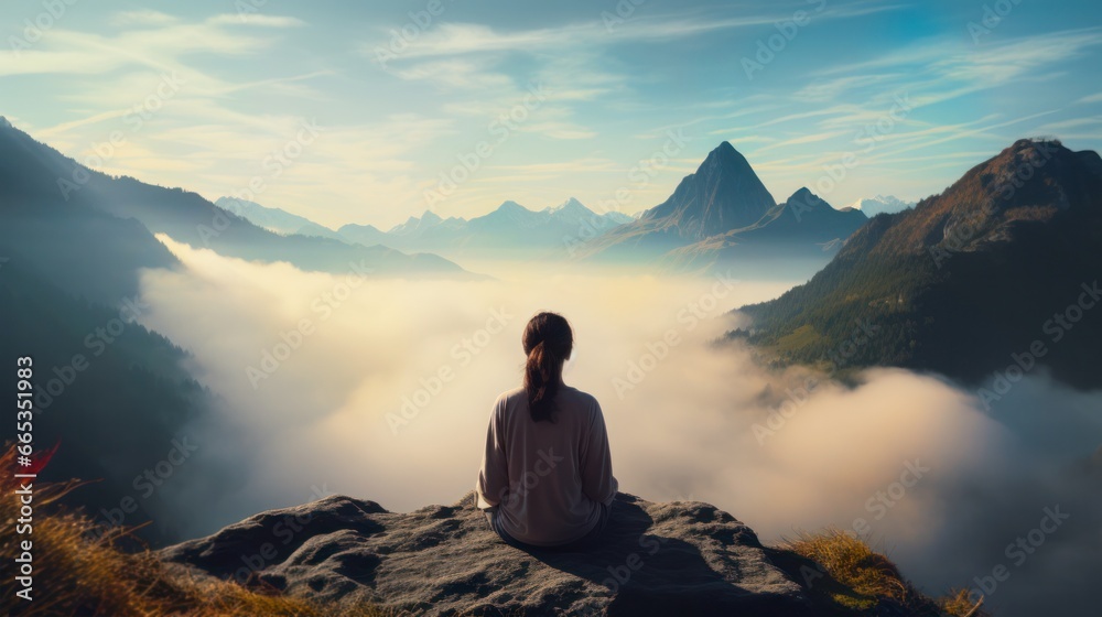 young woman meditating on a foggy mountain with stunning views