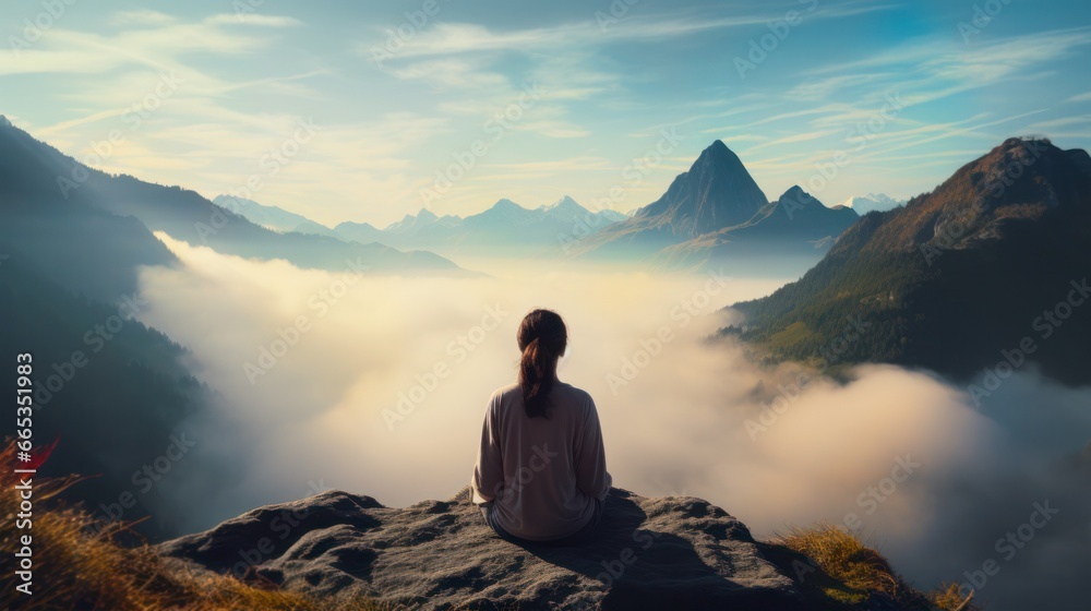 young woman meditating on a foggy mountain with stunning views young woman meditating on a foggy mountain with stunning views