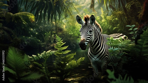  a zebra standing in the middle of a jungle filled with trees. generative ai