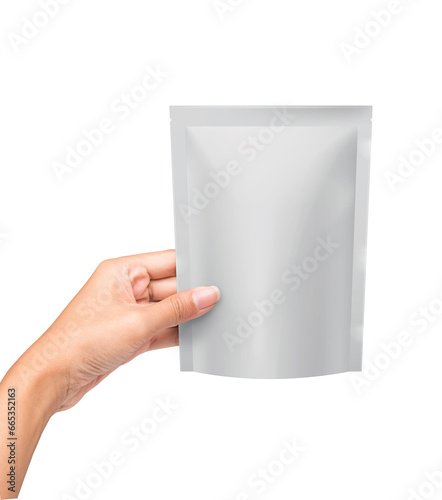 Woman's hands hold pouch  product packages for snacks on a white background. Branding label and packaging promotional mockup.
