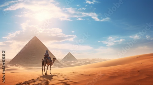 Back view woman riding a camel in the desert, There is a pyramid in the background