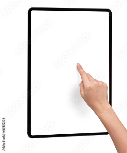 Hand Touching Black Tablet Pad Screen with black tablet computer, isolated on white background. Hand pointing scrolling screen presentation Mockup.
