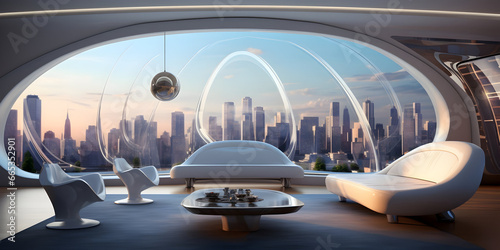 Futuristic skyline home decor with floor to ceiling windows and cityscape views generative ai