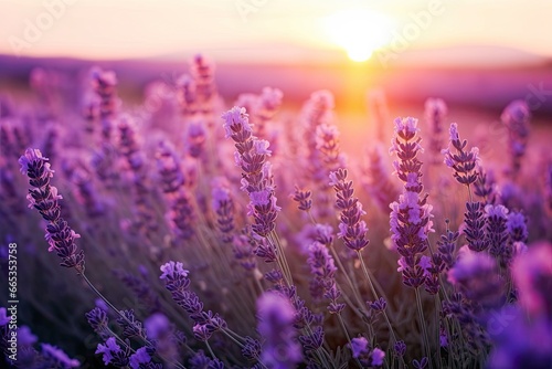 Close up lavender flowers in beautiful field at sunset.