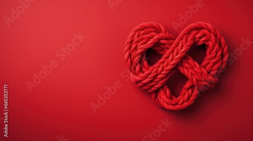 Red rope in heart shape knot on red background. advertisement, banner, card. for template, presentation. copy text space.