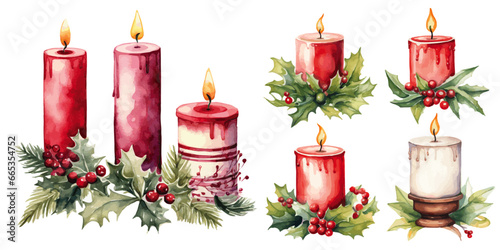 christmas candle and holly decorations