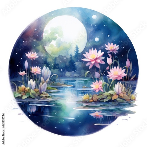 Floral Moon and Water Lilies on a white background. © Khalada