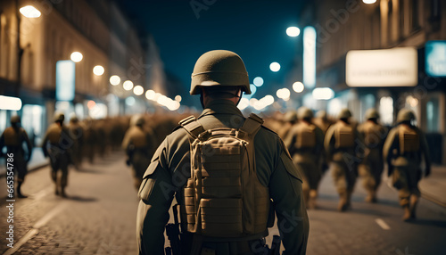 A soldiers in city far from camera back to the camera no face style photo