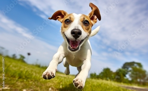 Jack Russel Parson Dog Run Toward The Camera Low Angle High Speed Shot. © Khalada
