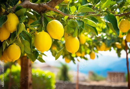 Lemons growing in a sunny garden on Amalfi coast in Italy. © Khalada