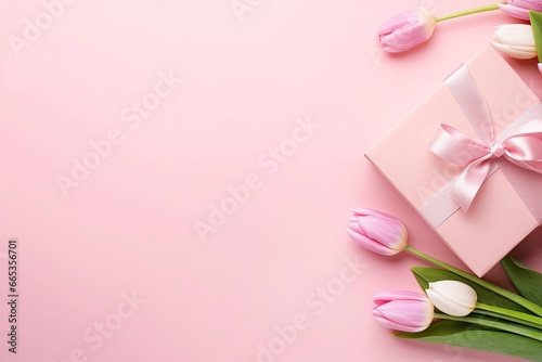 Pink gift box with ribbon bow and bouquet of tulips on isolated pastel pink background.